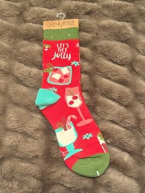 Karma Red Cocktail Print Holiday Crew Socks - OS, NWT